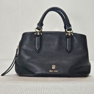 Nine West Black Pebbled Faux Leather Satchel Bag Gold Hardware Three Compartment